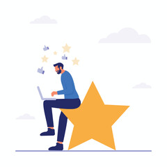 People sitting with laptop and review form to leave comment and rate a service or goods