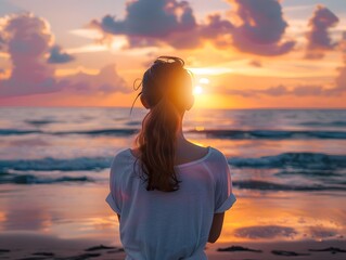 Fototapeta premium Rear view of woman standing at beach, copy space for text 