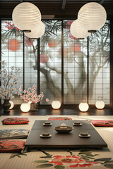 Harmony Haven: Japanese-Inspired Tea Room with Floral Tatami Mat