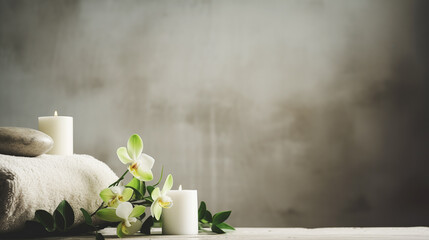 candles and flowers on the table - obrazy, fototapety, plakaty