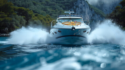  Speed boat on river.