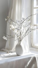 Vase Filled With White Flowers on desk in room , copy space for text