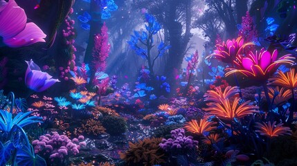 Neon-infused flora blooming in a surreal dreamscape, evoking a sense of wonder and awe.