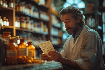 A pharmacist is reading a prescription at a retail store in the city