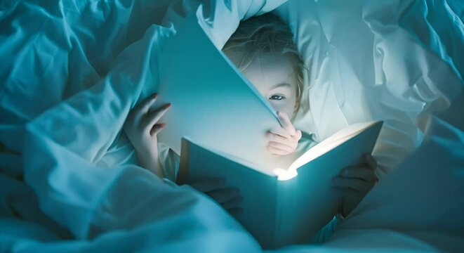 A child reads by flashlight under the covers of their bed not wanting to put their book down even as bedtime approaches. They imagine themselves as the hero of the story fighting 