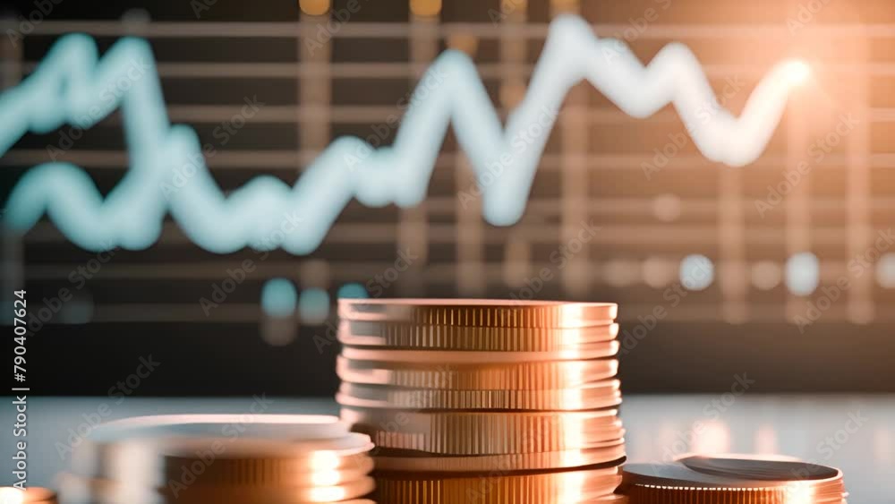 Poster stack of gold coins next to financial chart generative ai