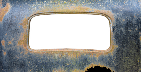 Abandoned old rusty car window with a transparent or white cut out. Retro vintage scrap metal mock up background