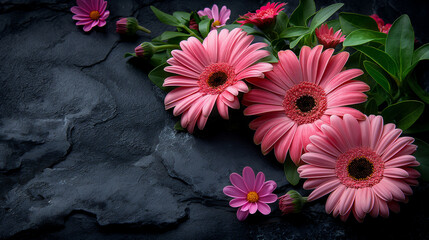 A bouquet of pink flowers in full bloom against a clear dark background.