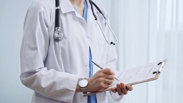 Female doctor taking notes on clipboard. Close-up of a unrecognizable female healthcare professional writing and filling um medication history records form while standing straight in clinic