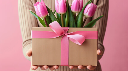 A close-up shot of a woman's hands gently holding a gift box, conveying anticipation and excitement.