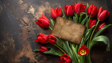 A beautiful bouquet of red tulips with note paper on it