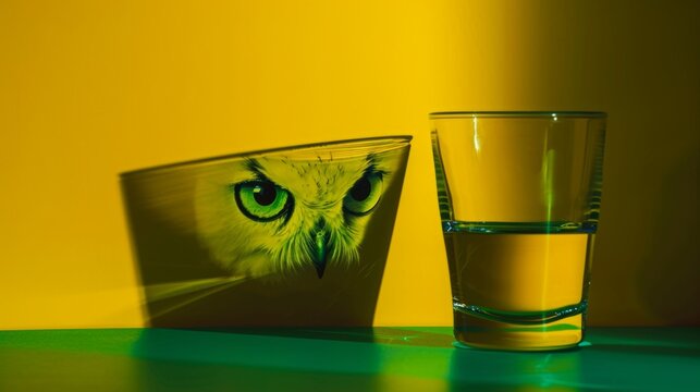 A striking image featuring a glass cup with the reflection of an owl's eye on a vibrant yellow and green background, embodying mystery and artistic flair.