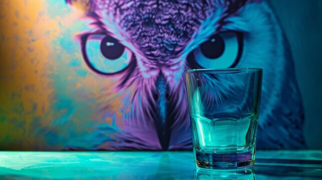 A striking image featuring a glass cup with the reflection of an owl's eye on a vibrant yellow and green background, embodying mystery and artistic flair.