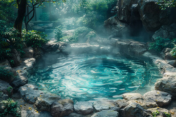 The soothing warmth of a bubbling hot spring, surrounded by steaming water and lush greenery....