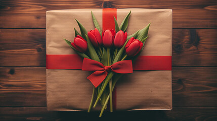 A bouquet of red tulips on a beautiful gift package