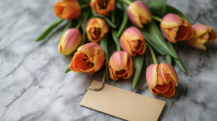 A beautiful bouquet of orange tulips with note paper on it