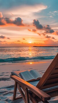 A cozy beach chair overlooking a serene sunset, with a retirement savings book on the side table, peaceful and secure