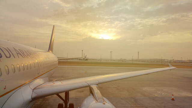 Saudi Arabian Plane preparing for take off at Riyadh King Khalid Airport.