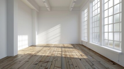 A large, empty room with white walls and wooden floors. The room is very bright and open, with large windows letting in plenty of natural light. The space feels clean and uncluttered