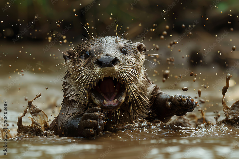 Poster a playful otter sliding down a riverbank on a makeshift slide of mud and grass, laughing joyfully as
