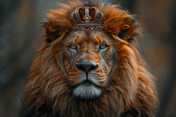 A regal lion adorned with a crown, presiding over a majestic savanna with noble authority and...
