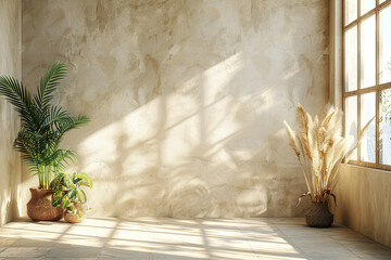 Sunlit Plant-Filled Room with Decorative Pampas Grass and Tropical Greenery