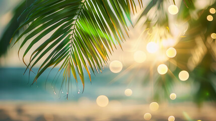 Holiday atmosphere: Sandy beach, crystal clear sea and blurry palm tree at sunset...Beach by the sea, palm tree at sunset and soft light. - 790408653