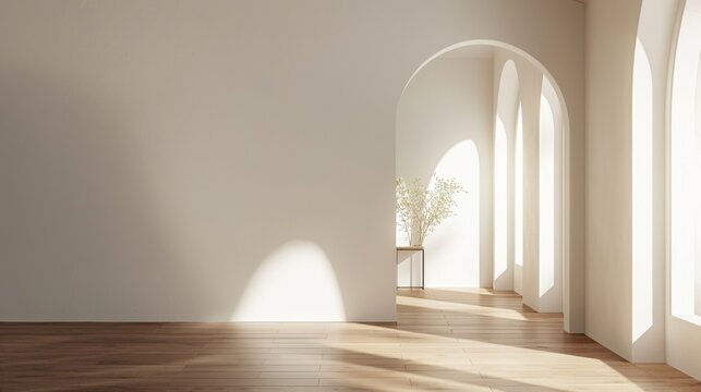 A large, empty room with a wooden floor and white walls. The room is lit by sunlight coming in through the windows