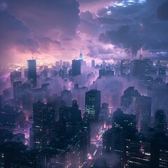 Aerial view of skyscrapers in a foggy city. Aerial view of skyscrapers and foggy city at night