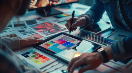 A designer's hands are seen drafting sketches on a digital tablet among various design tools and color swatches on a cluttered workspace.
