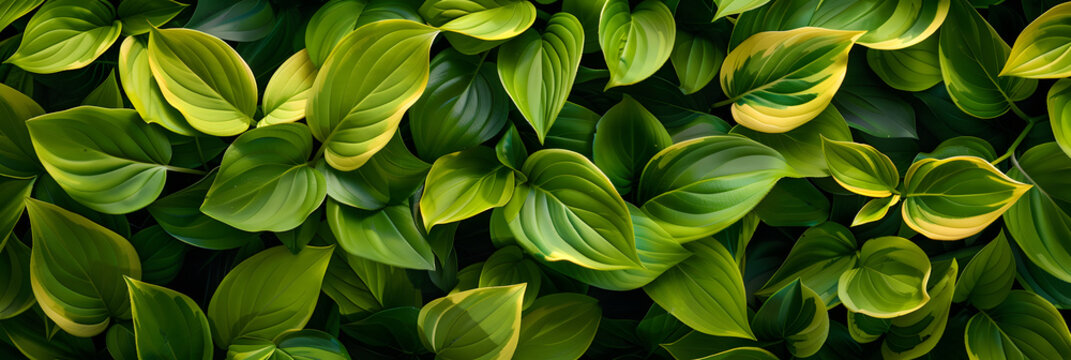 A vibrant background of green foliage, with bright leaves showcasing the beauty of nature in summer.