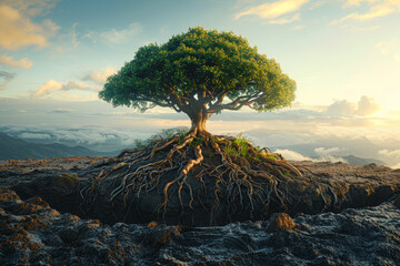 A tree with roots buried deep in the earth and branches reaching towards the sky, symbolizing...