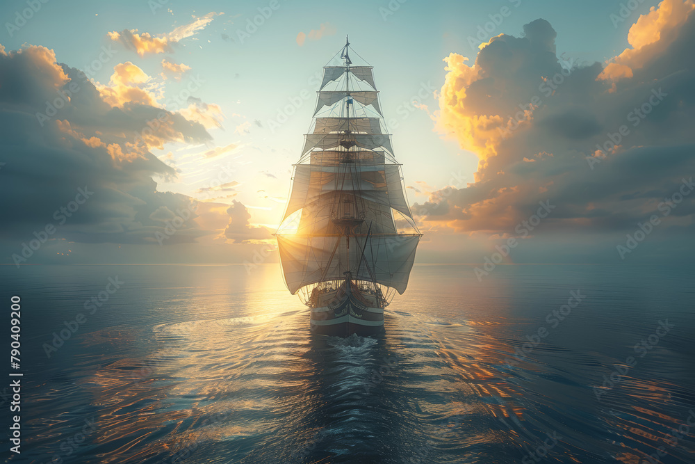 Poster a ship sailing towards the horizon, symbolizing adventure and exploration as it embarks on a journey