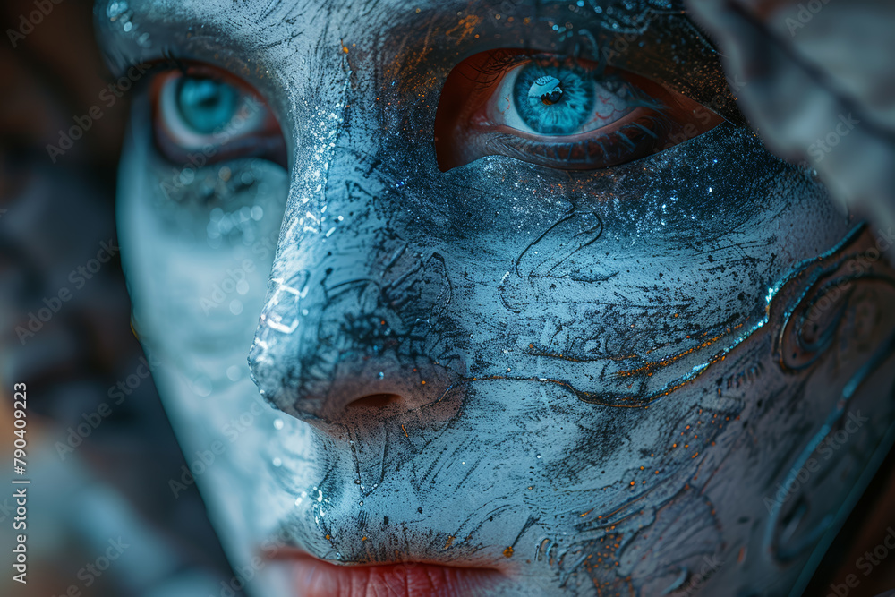 Poster a mask worn by a performer on stage, concealing their true identity and allowing them to embody diff