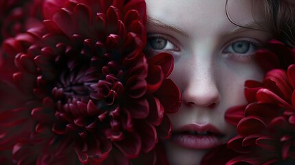 Surreal Floral Portrait with Red Dahlia - 790409243