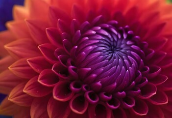 A close-up of a vibrant red and purple dahlia flower with intricate petals and a spiral pattern in the center