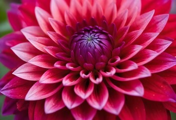 A close-up of a vibrant red and purple dahlia flower with intricate petals and a spiral pattern in the center