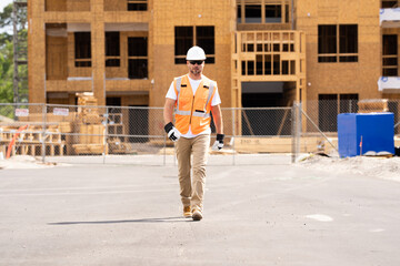 roofer builder working on roog structure of building on construction site. handsome young male...