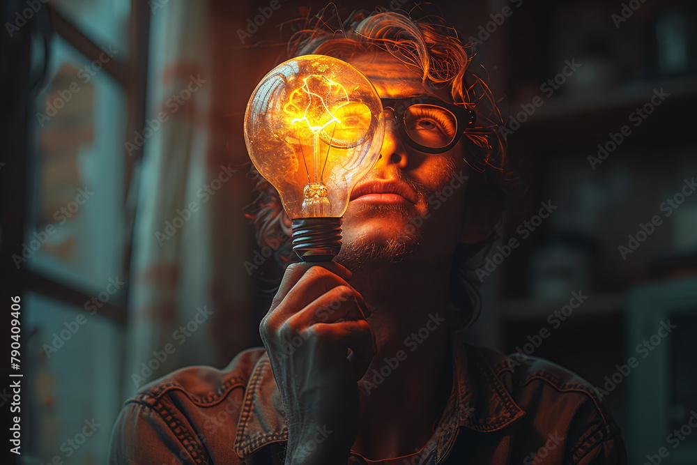 Poster someone engrossed in thought, with a luminous lightbulb symbolizing a burst of creativity. concept o