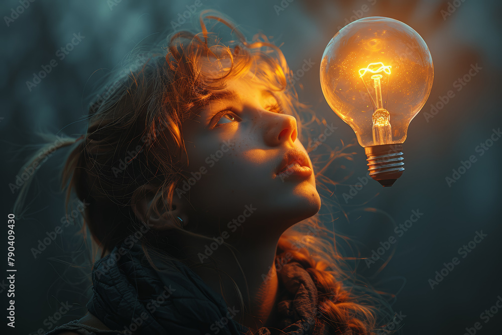 Poster someone lost in thought, with a gleaming lightbulb hovering above them, signaling a spark of ingenui