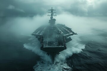 A military ship is a large watercraft floating on the surface of the water