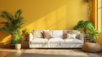 A living room with a white couch, a coffee table, and a few potted plants. The room has a bright yellow wall and a lot of natural light coming in from the window. The overall mood of the room is warm
