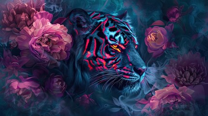 Neon Tiger Amidst Floral Blooms Artwork - 790409434