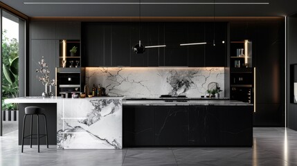 A black and white kitchen with a marble countertop and a black and white marble backsplash