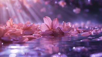 Translucent petals floating in a shimmering pool of light, creating an ethereal and dreamlike...