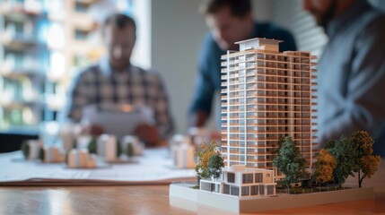 Buildings project scale model on the table, Architects and businessmen team working on new business buildings project in office.