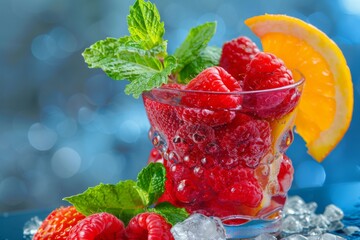 Glass filled with raspberries, orange slices, and mint leaves