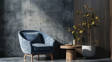 A blue chair is sitting in front of a wooden table with a potted plant on it. The room has a modern and minimalist design, with a grey wall and a grey floor