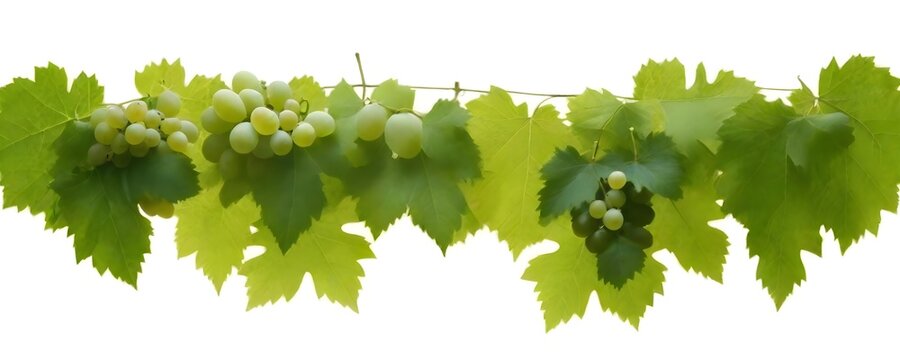 Green grape leaves on a vine, with some clusters of grapes visible