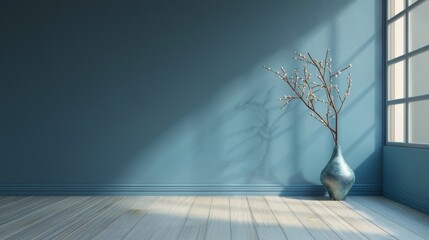 A large vase with a branch in it sits in a room with a blue wall. The vase is the focal point of the room, and the blue wall creates a calming atmosphere